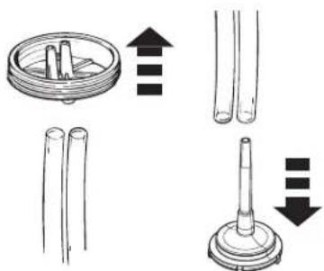 Diagram illustrating mechanical assembly steps with labeled components and directional arrows indicating motion or movement.