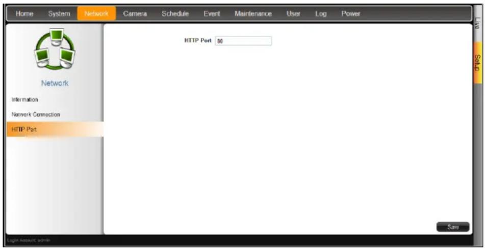 Home System Network Camera Schedule Event Maintenance User Log Power Network Information Network Connection HTTP Port HTTP Port 90 Save Login Account admin