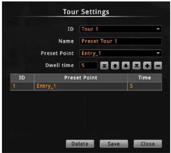 Tour Settings ID Tour 1 Name Preset Tour 1 Preset Point Entry_1 Dwell time 5 ID Preset Point Time 1 Entry_1 5 Delete Save Close