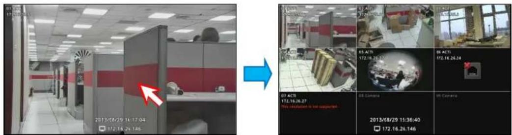 Two-panel image showing office interior views and surveillance camera feeds with timestamps and system status indicators.