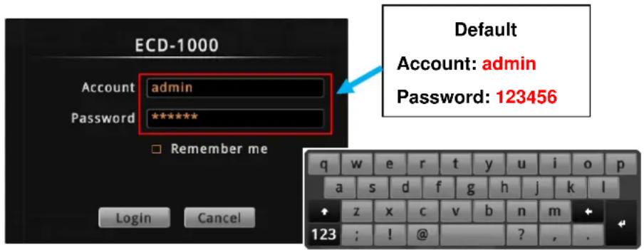 ECD-1000 Account admin Password ***** Remember me Login Cancel Default Account: admin Password: 123456