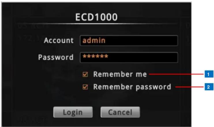 ECD1000 Account admin Password ***** Remember me Remember password Login Cancel