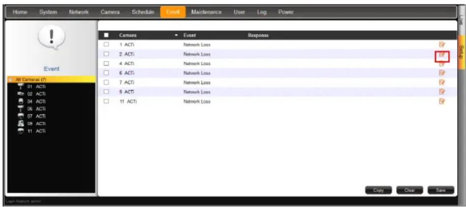 Home System Network Camera Schedule Event Maintenance User Log Power Event All Cameras (7) 01 ACTI 02 ACTI 04 ACTI 06 ACTI 07 ACTI 09 ACTI 11 ACTI Camera Event Response 1 ACTI Network Loss 2 ACTI Network Loss 4 ACTI Network Loss 6 ACTI Network Loss 7 ACTI Network Loss 9 ACTI Network Loss 11 ACTI Network Loss Copy Clear Save