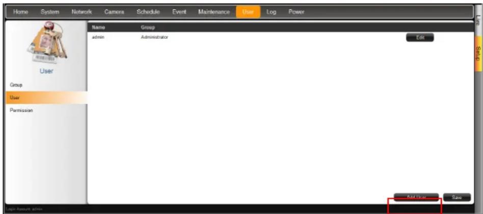 Home System Network Camera Schedule Event Maintenance User Log Power Name Group admin Administrator Edit User Permission Add User Save