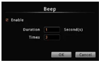Beep Enable Duration 1 Second(s) Times 3 OK Cancel