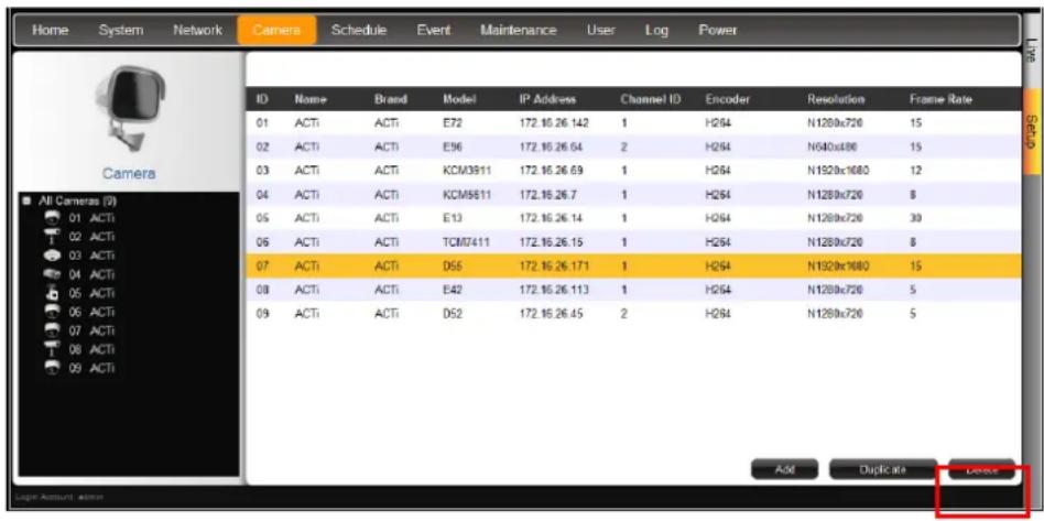 Home System Network Camera Schedule Event Maintenance User Log Power ID Name Brand Model IP Address Channel ID Encoder Resolution Frame Rate 01 ACTI ACTI E72 172.16.26.142 1 H264 N1280x720 15 02 ACTI ACTI E96 172.16.26.64 2 H264 N640x480 15 03 ACTI ACTI KCM3911 172.16.26.69 1 H264 N1920x1080 12 04 ACTI ACTI KCM5811 172.16.26.7 1 H264 N1280x720 8 05 ACTI ACTI E13 172.16.26.14 1 H264 N1280x720 30 06 ACTI ACTI TCM7411 172.16.26.15 1 H264 N1280x720 8 07 ACTI ACTI D58 172.16.26.171 1 H264 N1920x1080 15 08 ACTI ACTI E42 172.16.26.113 1 H264 N1280x720 5 09 ACTI ACTI D52 172.16.26.45 2 H264 N1280x720 5 Add Duplicate Delete Login Account admin