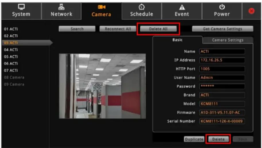 System Network Camera Schedule Event Power 01 ACTI 02 ACTI 03 ACTI Search Reconnect All Delete All Get Camera Settings Basic Camera Settings Name ACTi IP Address 172.16.26.5 HTTP Port 1005 User Name Admin Password ***** Brand ACTi Model KCM8111 Firmware A1D-311-V5.11.07-AC Serial Number KCM8111-12K-X-00009 Duplicate Delete Save