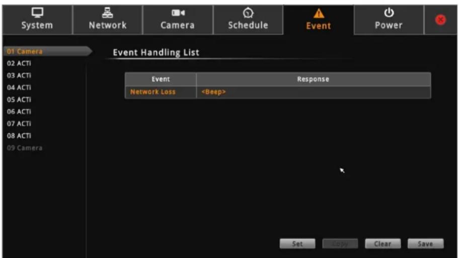 System Network Camera Schedule Event Power 01 Camera Event Handling List 02 ACTI 03 ACTI 04 ACTI 05 ACTI 06 ACTI 07 ACTI 08 ACTI 09 Camera Event Response Network Loss Set Copy Clear Save
