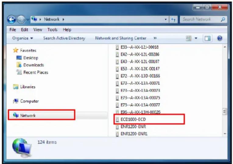 File Edit View Tools Help Organize Search Active Directory Network and Sharing Center Favorites Desktop Downloads Recent Places Libraries Computer Network E33--A-XX-12J-00018 E42--A-XX-12L-00286 E43--A-XX-12L-00107 E53--A-XX-12K-00147 E72--A-XX-13D-00165 E73--A-XX-13A-00071 E73--A-XX-13A-00073 E73--A-XX-13A-00075 E73--A-XX-13A-00077 E96--A-XX-13H-00026 ECD1000-ECD ENR1200-ENR ENR1200-ENR1 124 items
