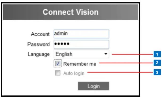 Connect Vision Account admin Password •••••• Language English Remember me Auto login Login 1 2 3
