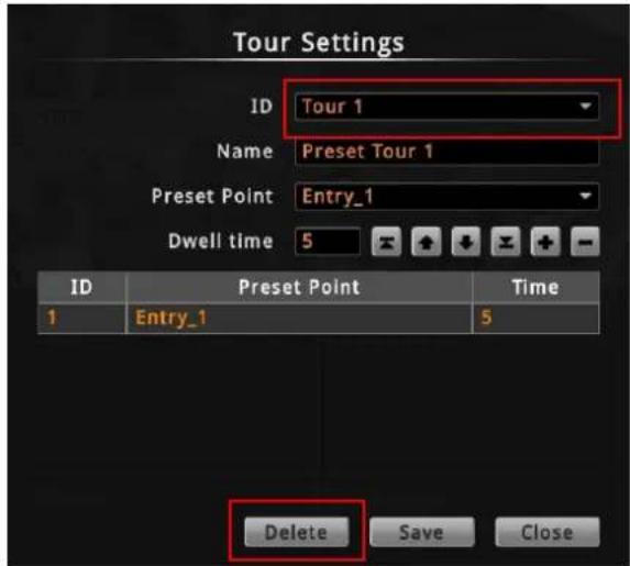 Tour Settings ID Tour 1 Name Preset Tour 1 Preset Point Entry_1 Dwell time 5 ID Preset Point Time 1 Entry_1 5 Delete Save Close