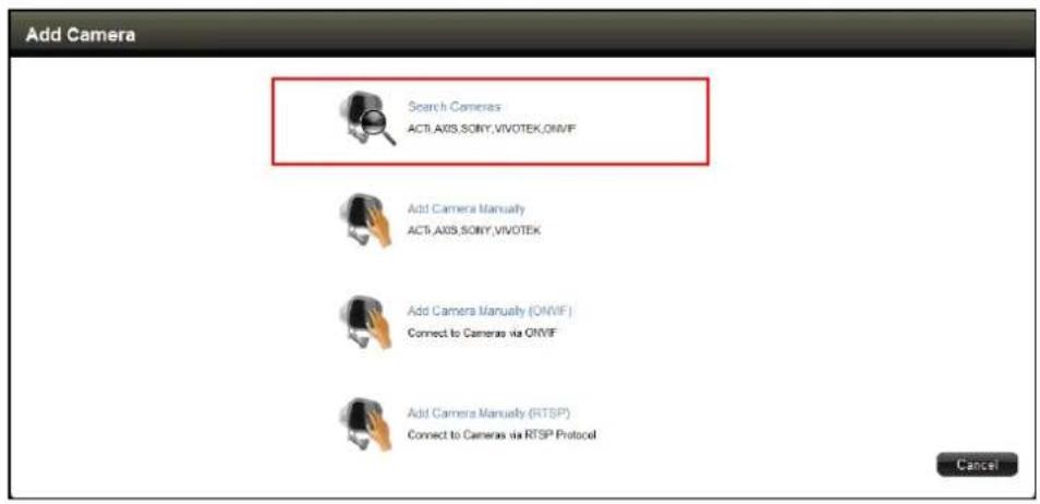 Add Camera Search Cameras ACTI.AXIS.SONY.VIVOTEK.ONVF Add Camera Manually ACTI.AXIS.SONY.VIVOTEK Add Camera Manually (ONVF) Connect to Cameras via ONVF Add Camera Manually (RTSP) Connect to Cameras via RTSP Protocol Cancel