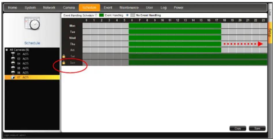 Home System Network Camera Schedule Event Maintenance User Log Power Schedule All Cameras (8) 01 ACTI 03 ACTI 04 ACTI 05 ACTI 06 ACTI 07 ACTI Event Handling Schedule Event Handling No Event Handling Mon Tue Wed Thu Fri Sat Sun Copy Save