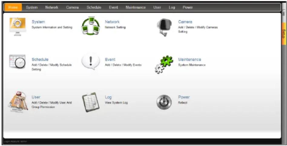 Home System Network Camera Schedule Event Maintenance User Log Power System System Information and Setting Network Network Setting Camera Add / Delete / Modify Cameras Setting Schedule Add / Delete / Modify Schedule Setting Event Add / Delete / Modify Events Maintenance System Maintenance User Add / Delete / Modify User And Group Permission Log View System Log Power Reboot