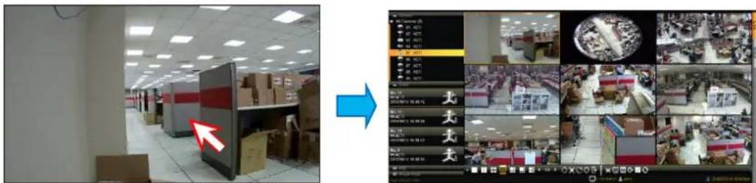 Composite image showing a warehouse interior with boxes and a blue arrow pointing to a digital dashboard displaying multiple surveillance feeds.