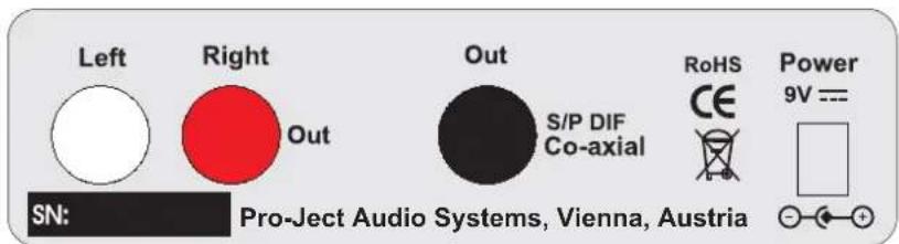 Left Right Out Out S/P DIF Co-axial RoHS CE Power 9V == SN: Pro-Ject Audio Systems, Vienna, Austria