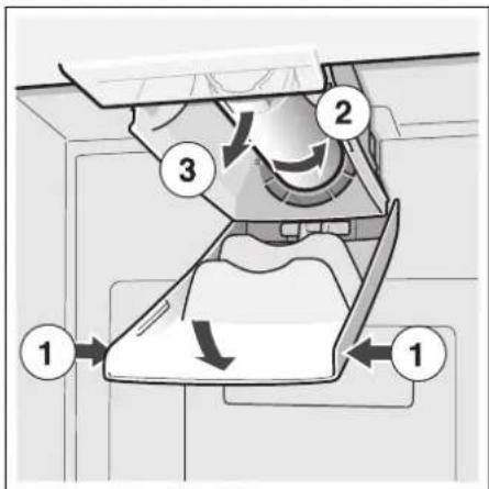 Diagram of a mechanical device with numbered components and directional arrows indicating motion or flow.
