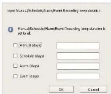 Input Manual(Schedule/Alarm/Event Recording keep duration Manual(Schedule/Alarm/Event Recording keep duration is set to all. Manual (days) Schedule (days) Alarm (days) Event (days) OK Cancel