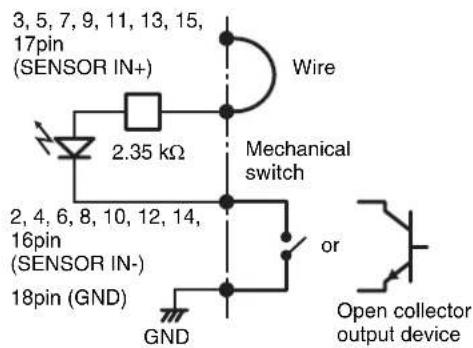 3, 5, 7, 9, 11, 13, 15, 17pin (SENSOR IN+) 2.35 kΩ Wire Mechanical switch 2, 4, 6, 8, 10, 12, 14, 16pin (SENSOR IN-) 18pin (GND) GND or Open collector output device