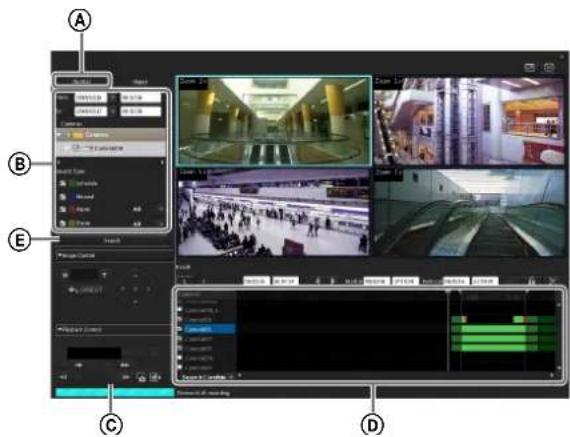 Screenshot of a video editing software interface with labeled panels (A, B, C, D) showing multiple video and audio tracks.