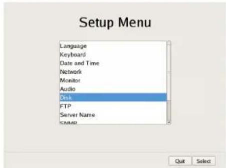 Setup Menu Language Keyboard Date and Time Network Monitor Audio Disk FTP Server Name: SNAP Quit Select