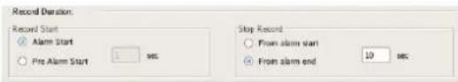 Record Duration Record Start ✓ Alarm Start ✓ Pre Alarm Start 1 sec Stop Record ✓ From alarm start ✓ From alarm end 10 sec
