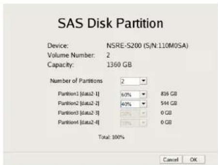SAS Disk Partition Device: NSRE-S200 (S/N-110M0SA) Volume Number: 2 Capacity: 1360 GB Number of Partitions 2 Partition1 [data2-1] 60% 816 GB Partition2 [data2-2] 40% 544 GB Partition3 [data2-3] 0 GB Partition4 [data2-4] 0 GB Total: 100% Cancel OK