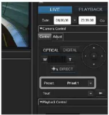 LIVE PLAYBACK Date: 08/10/16 23:39:08 Go Camera Control Control Adjust OPTICAL DIGITAL W T DIRECT Preset: Prisot 1 Tour Playback Control