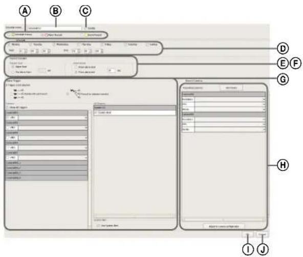 Screenshot of a software interface with labeled panels (A–J) and toolbars, showing configuration panels for data entry and output.