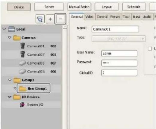 Device Server Manual Action Layout Schedule Local Cameras Camera01 002 Camera07 003 Camera05 007 Camera04 006 Groups New Group1 IO Devices System IO General Video Control Present Tour Mask Audio Name: Camera01 Type: SNC-9670 User Name: admin Password: **** Global ID: 2