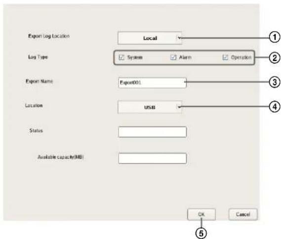 Export Log Location Local Log Type System Alarm Operation Export Name Export001 Location USB Status Available capacity(MB) OK Cancel