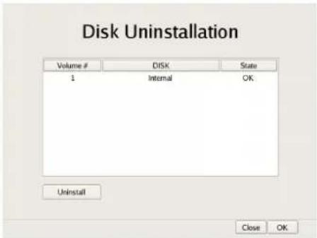 Disk Uninstallation Volume # DISK State 1 Internal OK. Uninstall Close OK.