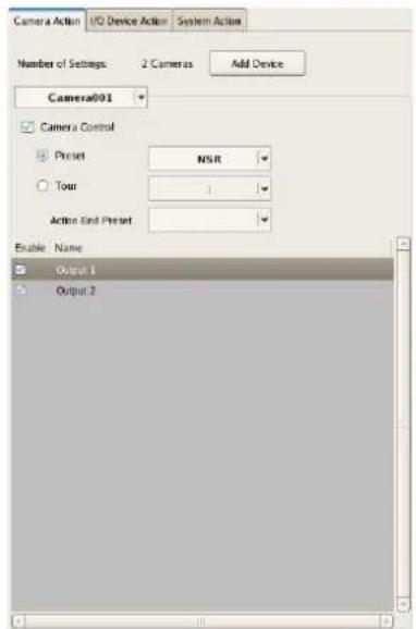 Camera Action I/O Device Action System Action Number of Settings: 2 Cameras Add Device Camera001 Camera Control Preset NSR Tour 1 Action End Preset Enable Name Output 1 Output 2