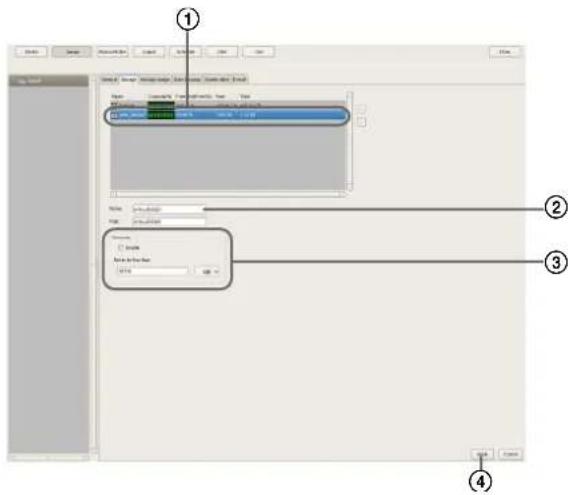 Screenshot of a software interface showing a dialog box with file selection and formatting options, labeled with numbered annotations.