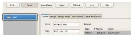 Device Server Manual Action Layout Schedule User Get Local General Storage Storage Assign Data Storage System Alert Email Name: NGB-1070.8294 Type: NGB-1100C1.0.01 Network: Name IP Address Subnet Network): 263.848.1 255.29.253.0