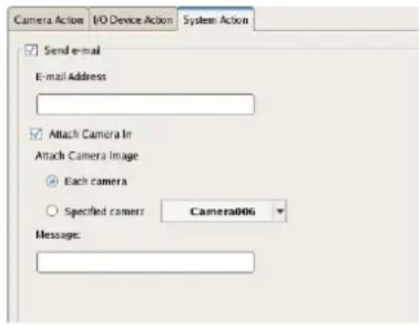 Camera Action IVO Device Action System Action Send e-mail E-mail Address Attach Camera In Attach Camera Image Each camera Specified camera Camera006 Message: