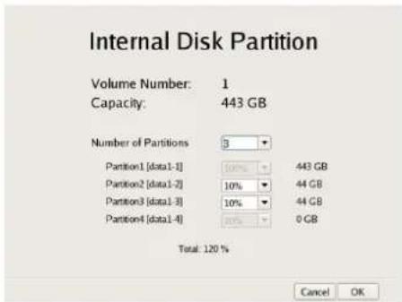 Internal Disk Partition Volume Number: 1 Capacity: 443 GB Number of Partitions 3 Partition1 [data1-1] 10% 443 GB Partition2 [data1-2] 10% 44 GB Partition3 [data1-3] 10% 44 GB Partition4 [data1-4] 0 GB Total: 120 % Cancel OK