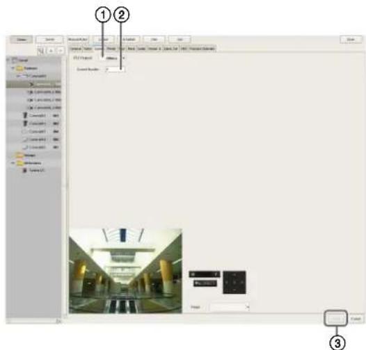 Screenshot of a software interface showing a dialog box with numbered annotations pointing to a grayscale image panel.