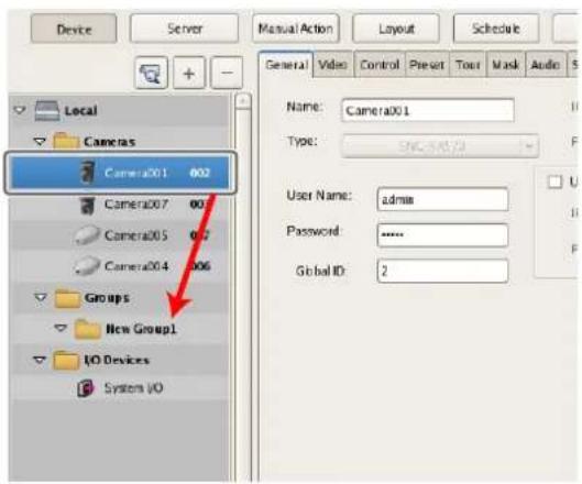 Device Server Manual Action Layout Schedule Local Cameras Camera001 002 Camera007 001 Camera005 002 Camera004 006 Groups New Group1 I/O Devices System I/O General Video Control Present Tour Mask Audio Name: Camera001 Type: SNC3872 User Name: admin Password: **** Global ID: 2