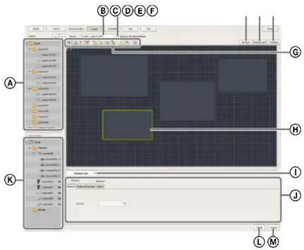 Screenshot of a software interface with labeled panels (A–J) and toolbars, showing layout and design elements.