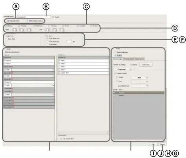 Screenshot of a software interface with labeled panels (A–G) showing tool panels, data tables, and UI elements.