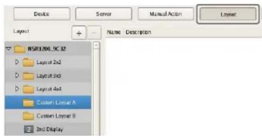 Device Server Manual Action Layout Name Description NSR1200.9C 32 Layout 2x2 Layout 3x3 Layout 4x4 Custom Layout A Custom Layout B 2nd Display