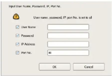 Input User Name, Password, IP, Port No. User name, password, IP, port No. is set to all User Name Password IP Address Port No. 80 OK Cancel