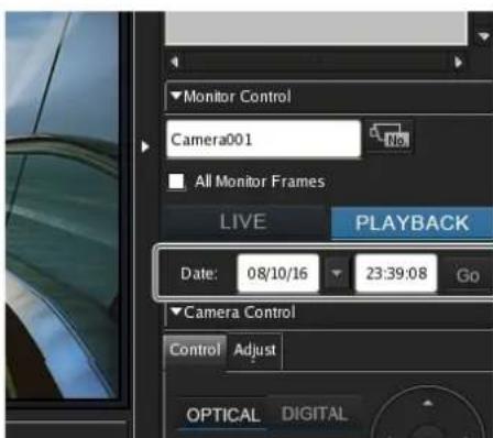 Monitor Control Camera001 No. All Monitor Frames LIVE PLAYBACK Date: 08/10/16 23:39:08 Go Camera Control Control Adjust OPTICAL DIGITAL
