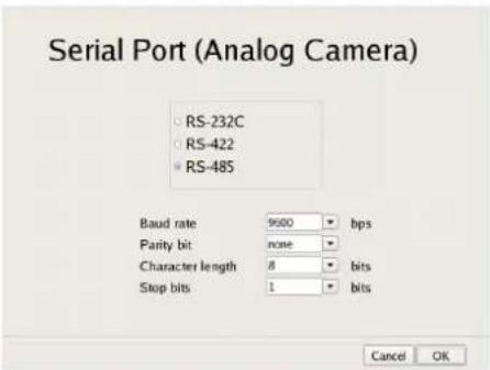 Serial Port (Analog Camera) RS-232C RS-422 RS-485 Baud rate 9600 bps Parity bit: none Character length 8 bits Stop bits 1 bits Cancel OK