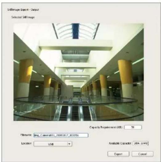 StillImage Export - Output Selected Still Image Capacity Requirement (KB): 36 Filepath Img_Caser01_70082617_003056 Location: USB Available Capacity: 100% 10 MB Export Cancel