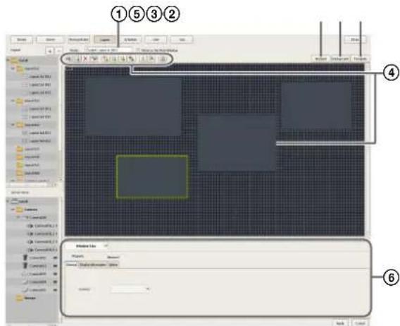 Screenshot of a software interface with labeled panels and toolbars, showing a grid-based layout and panel properties panel.
