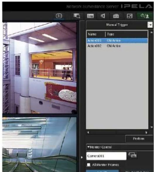 Network Surveillance Server IPELA Manual Trigger Name | Type Action01 ON Action Action02 ON Action Monitor Control Camera001 All Monitor Frames