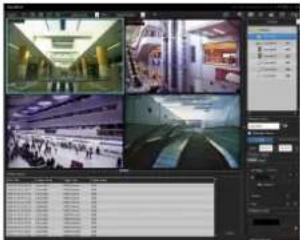 Screenshot of a video editing software interface displaying multiple surveillance feeds and a control panel with file names and timestamps.