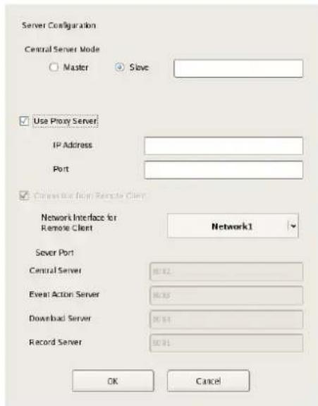 Server Configuration Central Server Mode Master Slave Use Proxy Server IP Address Port Connect from Remote Client Network Interface for Remote Client Network1 Server Port Central Server 80.02 Event Action Server 80.03 Download Server 80.04 Record Server 80.05 OK Cancel